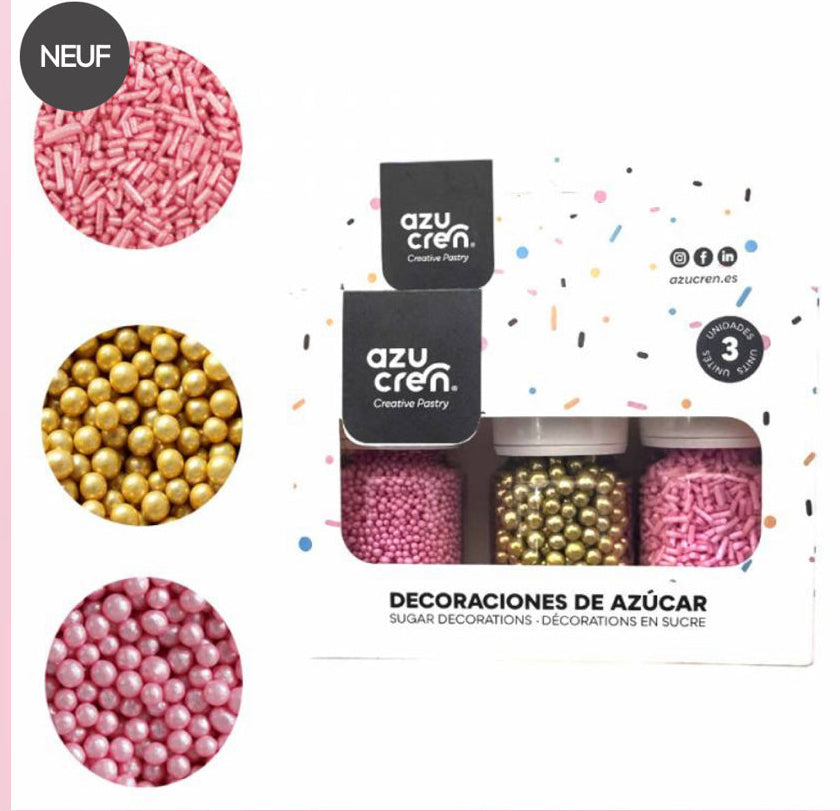 Set 3 décorations – Nouilles roses / Perles métalliques or 4 mm /mini perles roses – AZUCREN